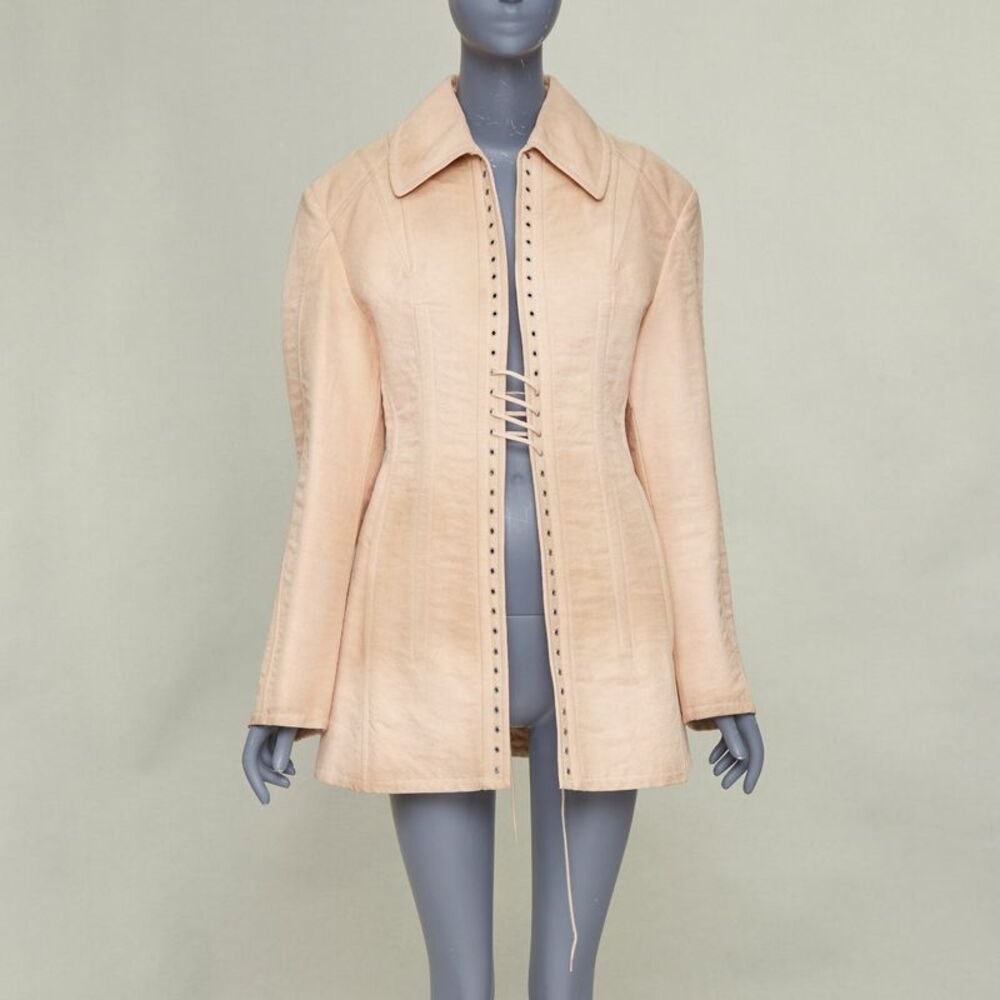 Prada Opal Slub pink distressed canvas lace up corset jacket